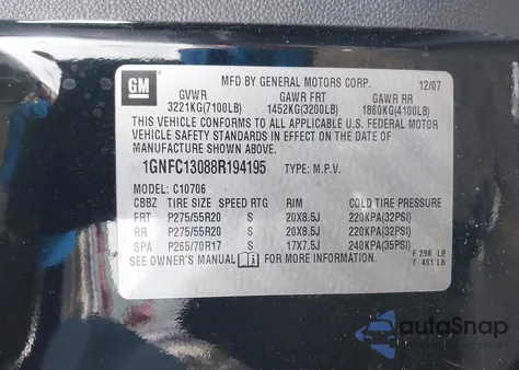 2008 Chevrolet Tahoe Ltz z USA, uszkodzony, nr VIN 1GNFC13088R194195